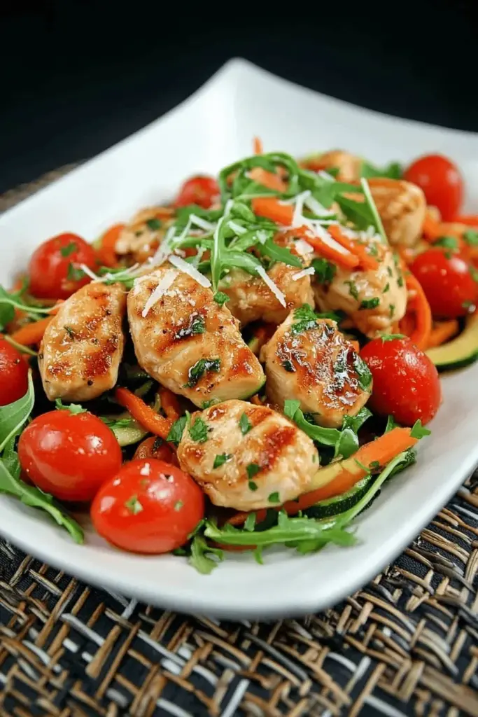 Low Carb Zoodles mit Hähnchen, Tomaten und Rucola