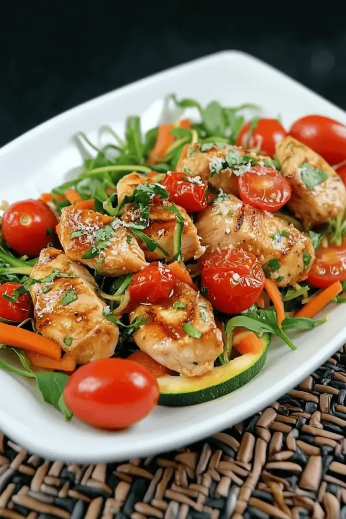 Low Carb Zoodles mit Hähnchen, Tomaten und Rucola