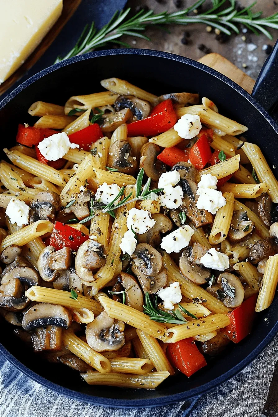 Nudeln mit Champignons, Paprika und Feta