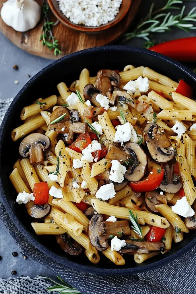 Nudeln mit Champignons, Paprika und Feta