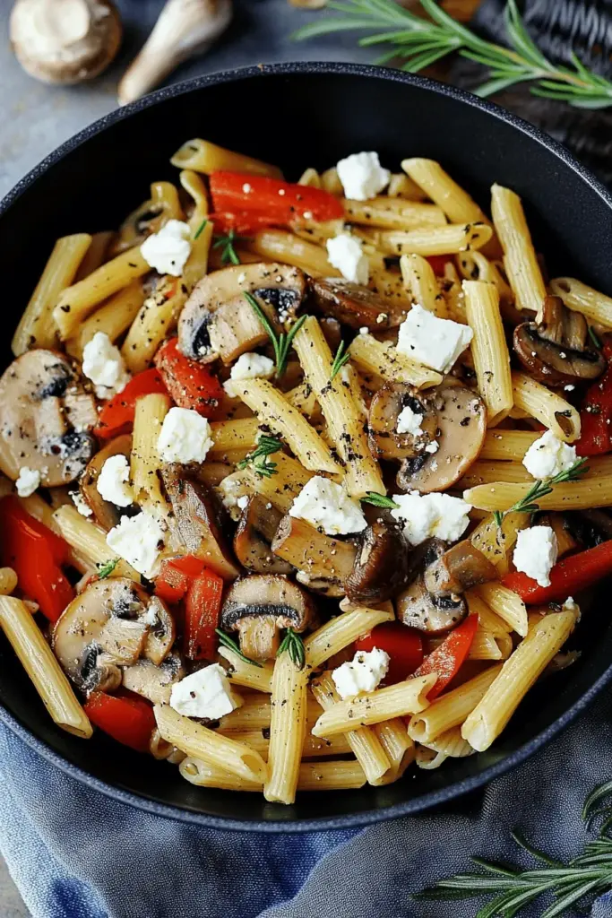 Nudeln mit Champignons, Paprika und Feta