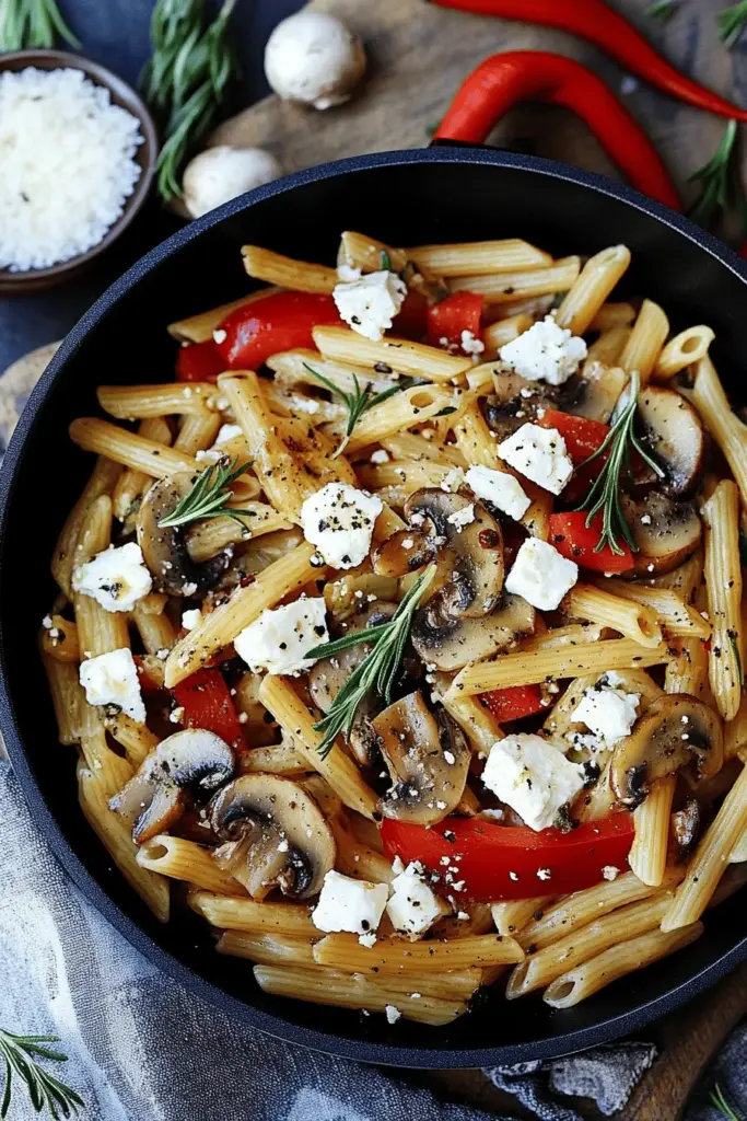 Nudeln mit Champignons, Paprika und Feta