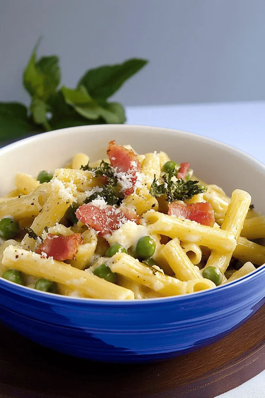 Nudeln mit Mascarpone-Sahne-Sauce, Erbsen und Speck