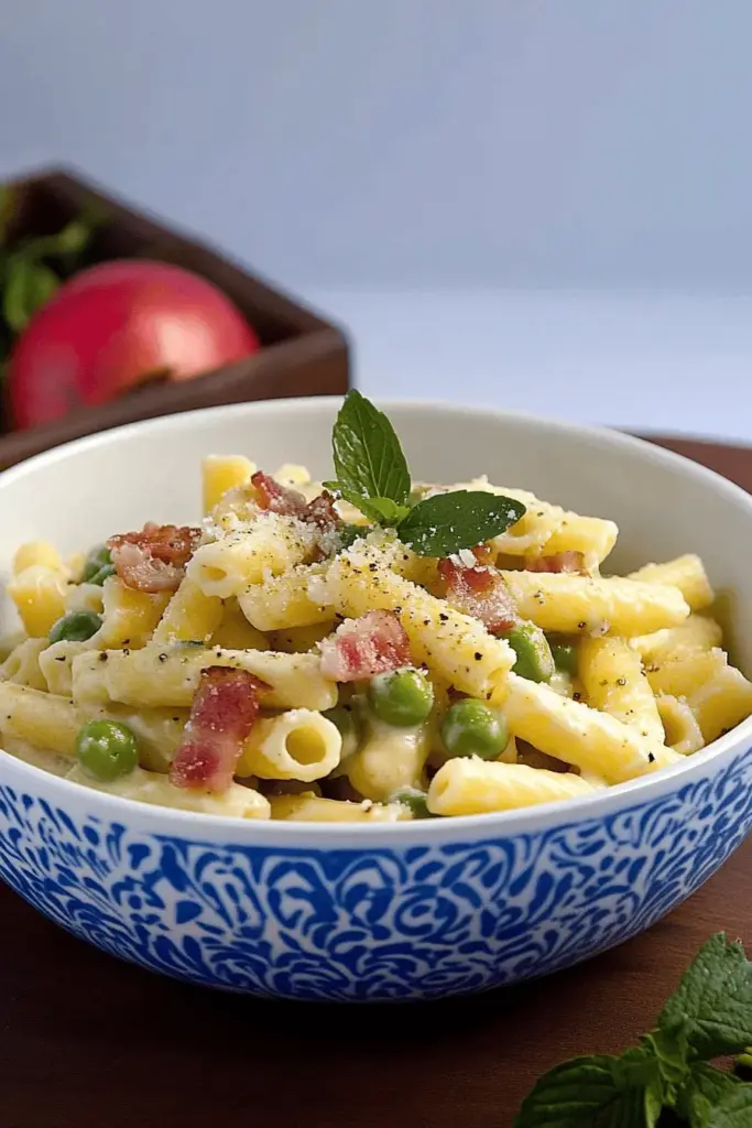 Nudeln mit Mascarpone-Sahne-Sauce, Erbsen und Speck
