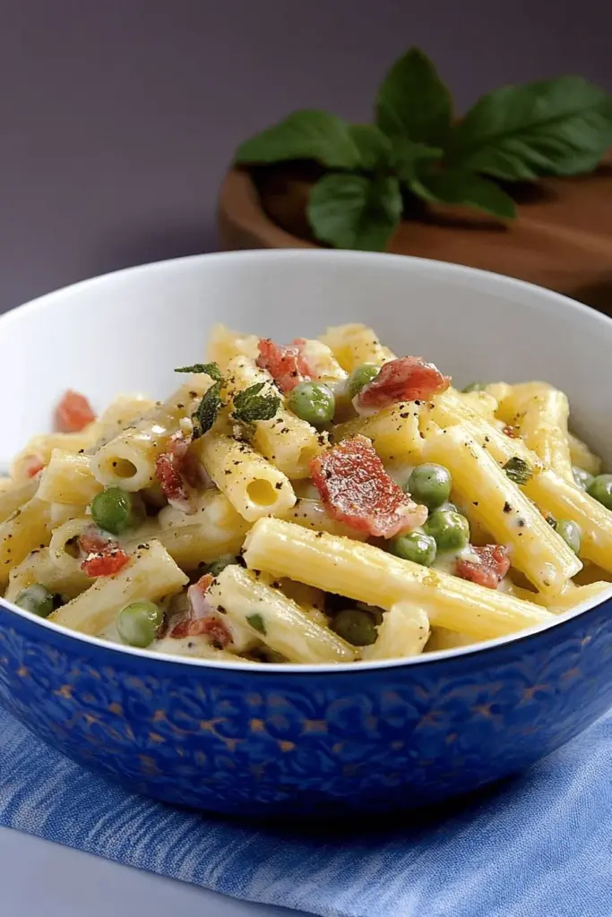 Nudeln mit Mascarpone-Sahne-Sauce, Erbsen und Speck