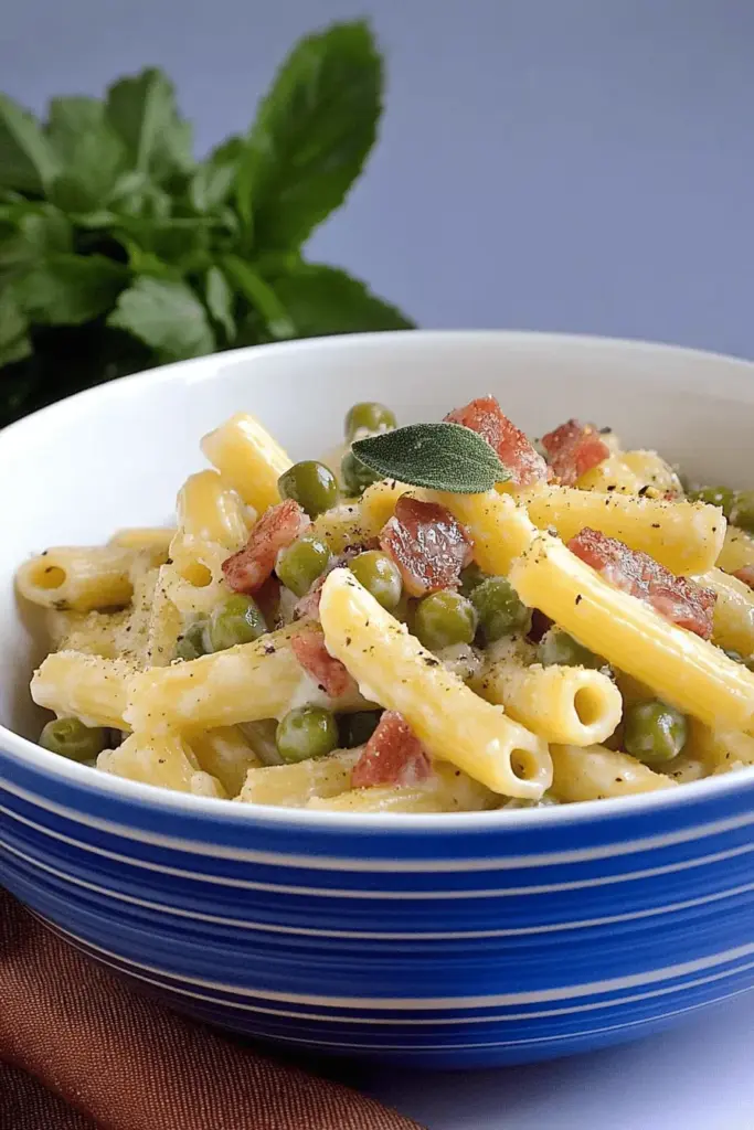 Nudeln mit Mascarpone-Sahne-Sauce, Erbsen und Speck