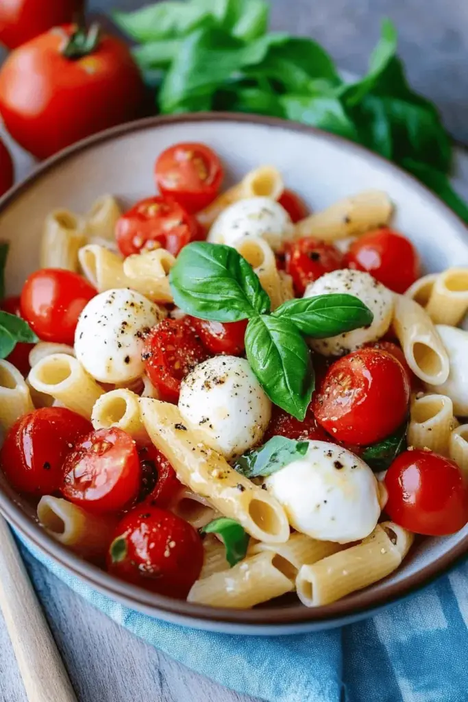 Nudelsalat Caprese mit Tomaten und Mozzarella