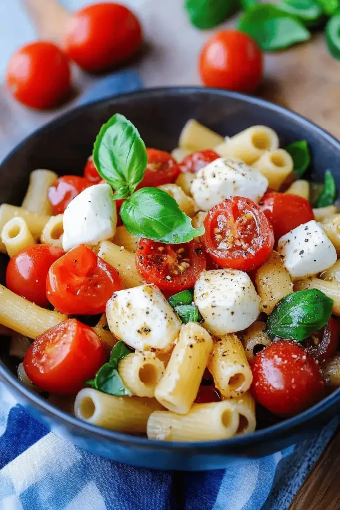Nudelsalat Caprese mit Tomaten und Mozzarella