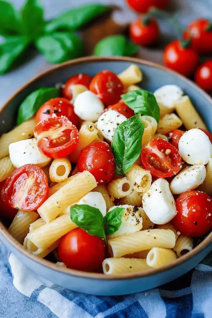Nudelsalat Caprese mit Tomaten und Mozzarella