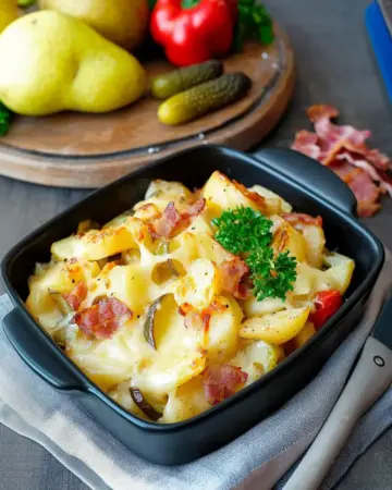 Raclette aus dem Ofen – mit Kartoffeln, Paprika, Gurken und Birne