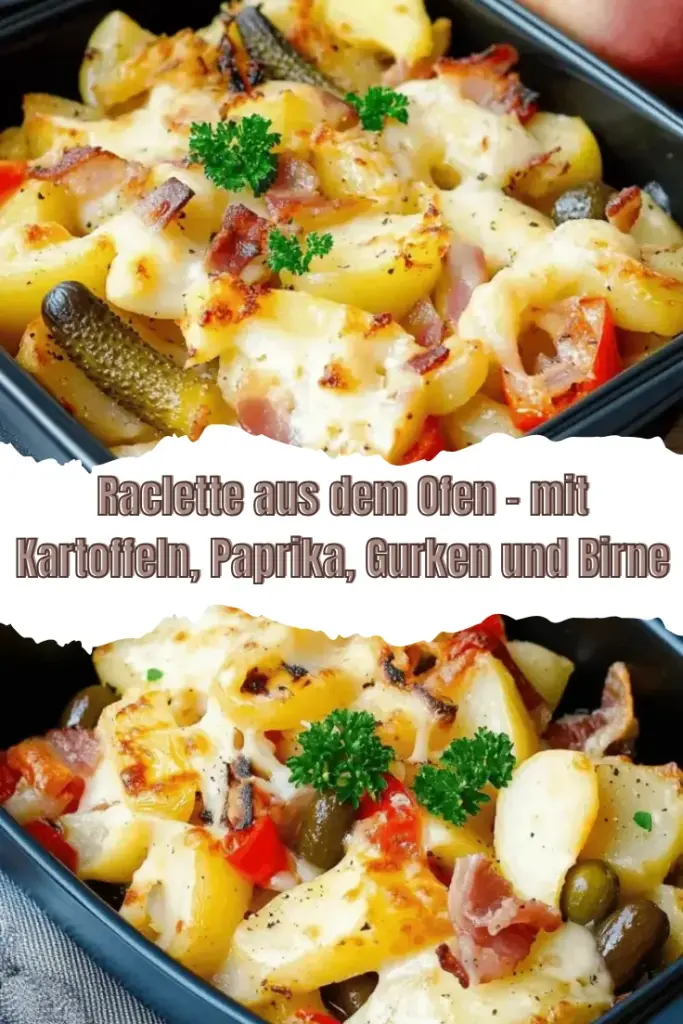 Raclette aus dem Ofen – mit Kartoffeln, Paprika, Gurken und Birne