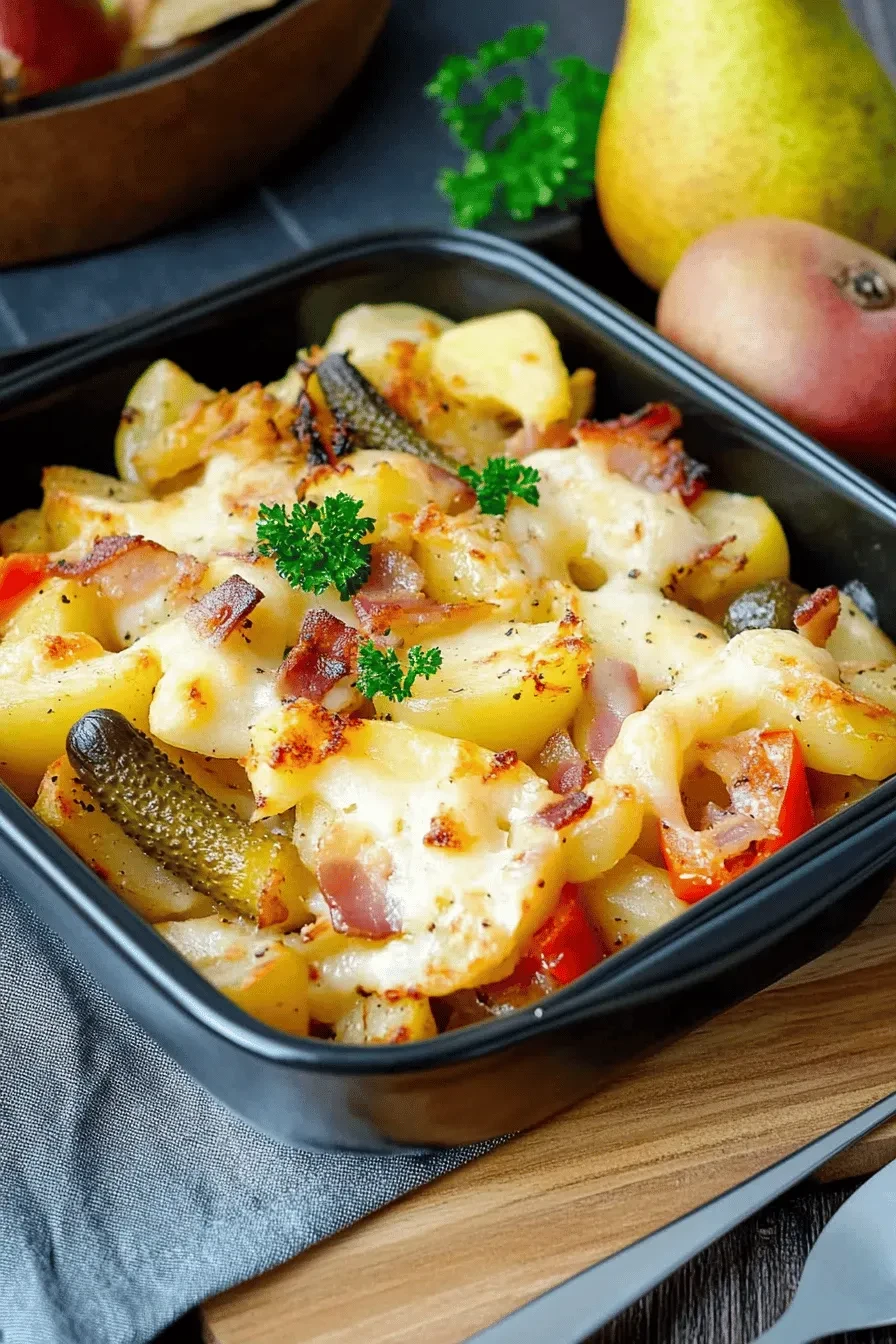 Raclette aus dem Ofen – mit Kartoffeln, Paprika, Gurken und Birne