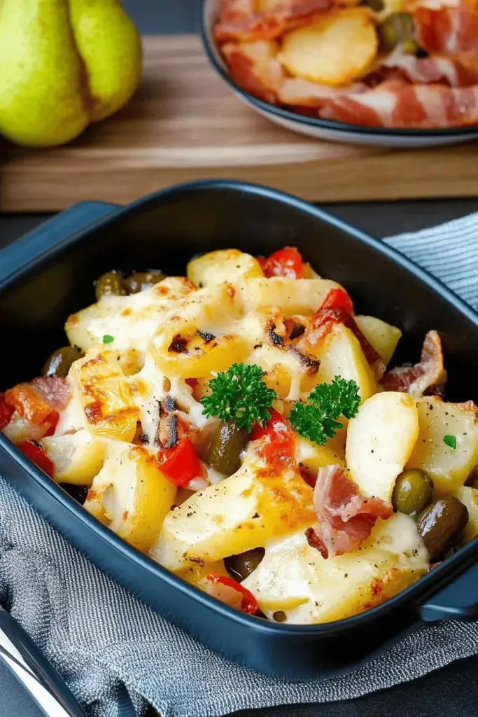 Raclette aus dem Ofen – mit Kartoffeln, Paprika, Gurken und Birne