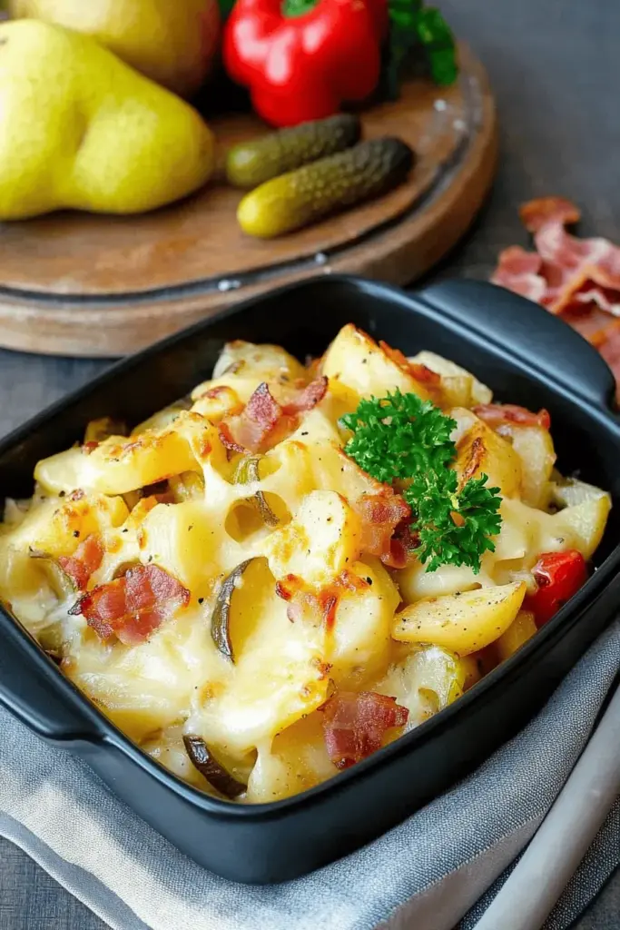 Raclette aus dem Ofen – mit Kartoffeln, Paprika, Gurken und Birne